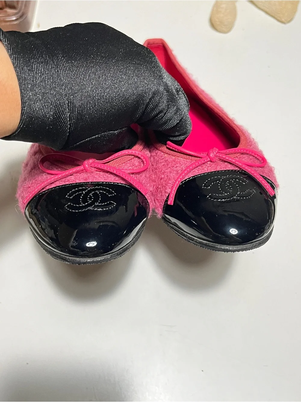 CHANEL Pink Bouclé Ballet Flats with Black Patent Cap Toe